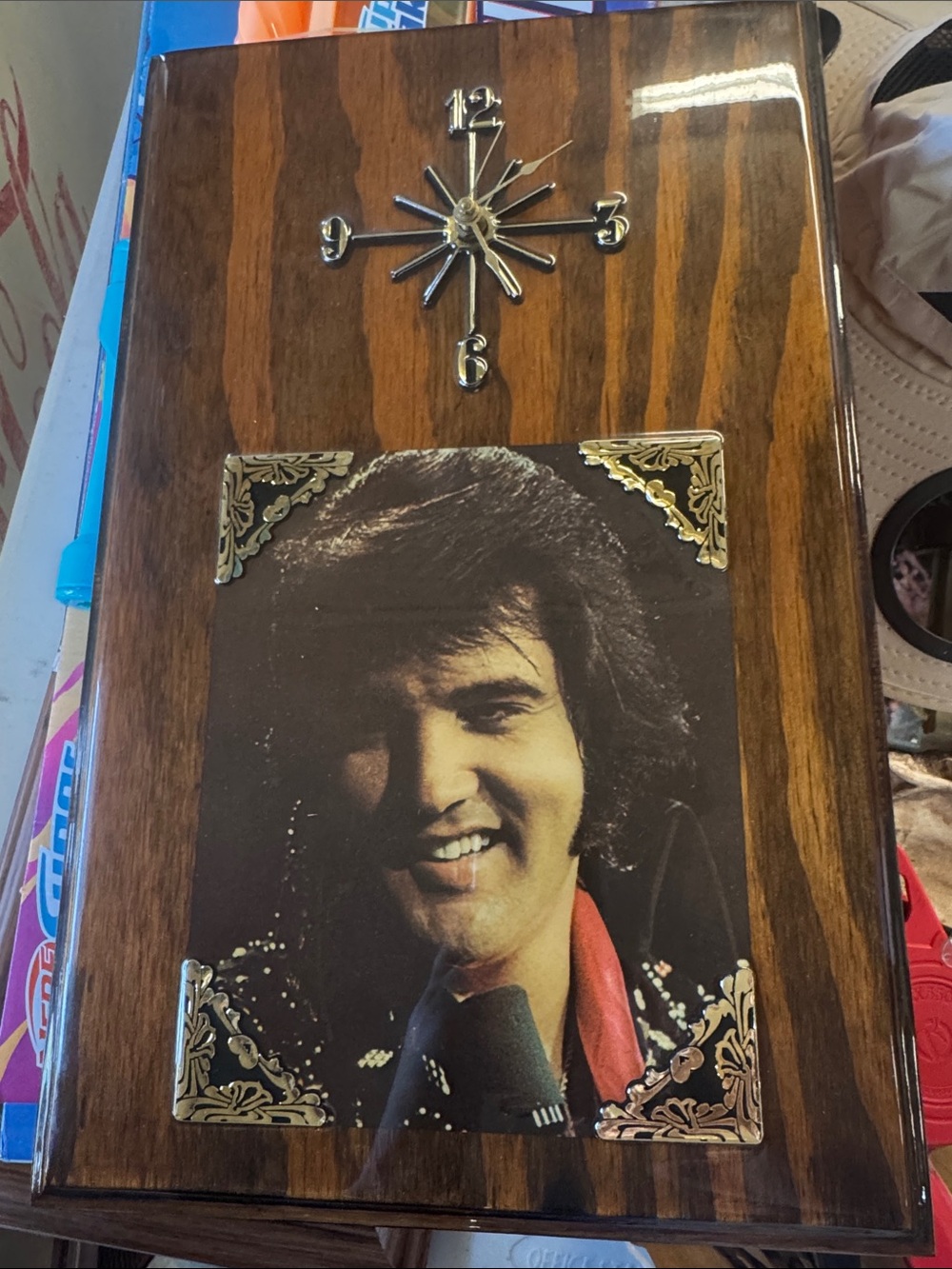 Vintage Elvis Wood Wall Clock with Photo Plaque - Brown